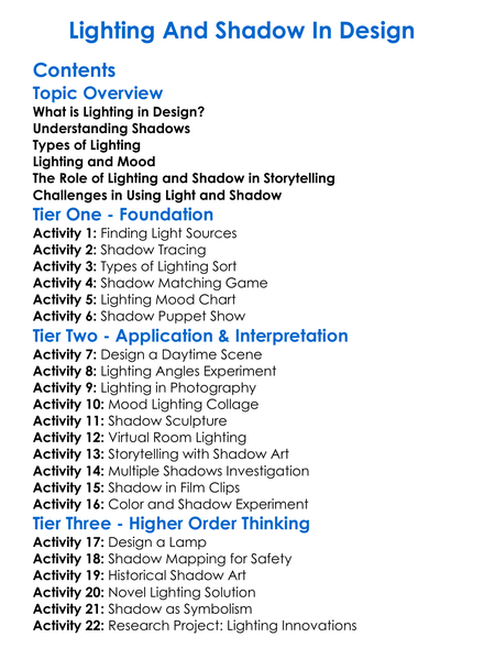 Lighting And Shadow In Design Worksheet Activity Booklet