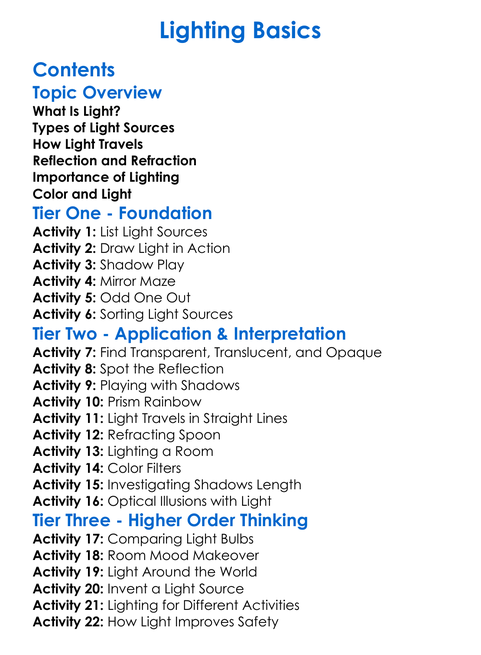 Lighting Basics Worksheet Activity Booklet