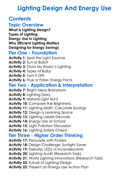 Lighting Design And Energy Use Worksheet Activity Booklet