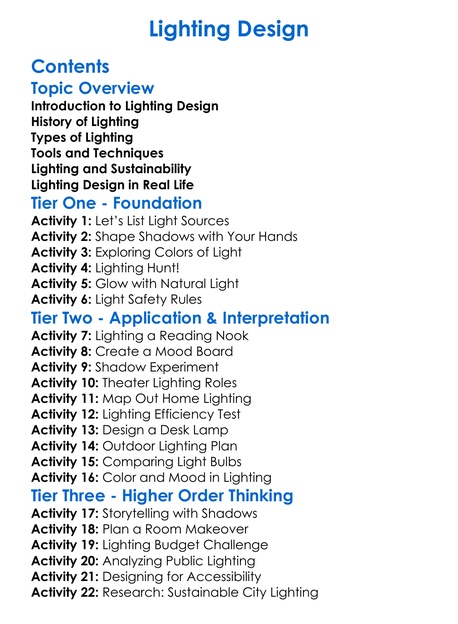 Lighting Design Worksheet Activity Booklet