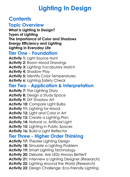 Lighting In Design Worksheet Activity Booklet