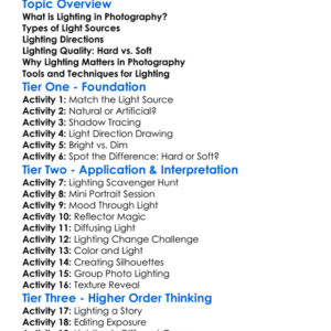Lighting In Photography Worksheet Activity Booklet