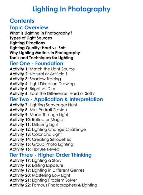 Lighting In Photography Worksheet Activity Booklet
