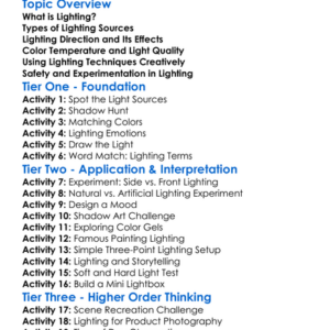 Lighting Techniques Worksheet Activity Booklet