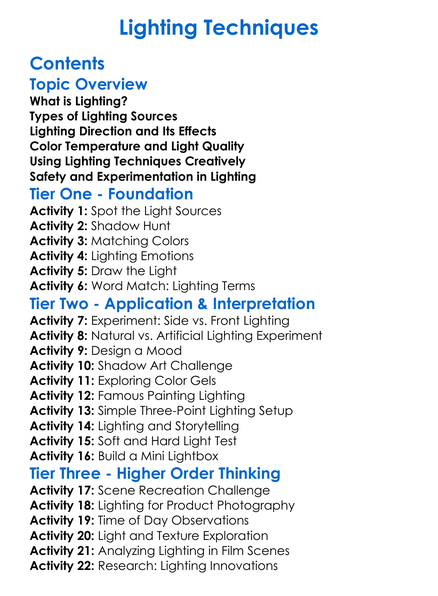 Lighting Techniques Worksheet Activity Booklet