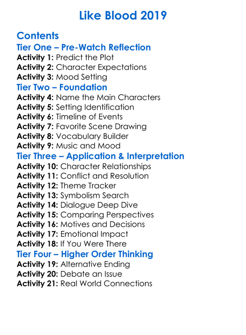 Like Blood 2019 Worksheet Activity Booklet