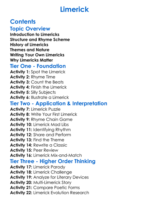 Limerick Worksheet Activity Booklet
