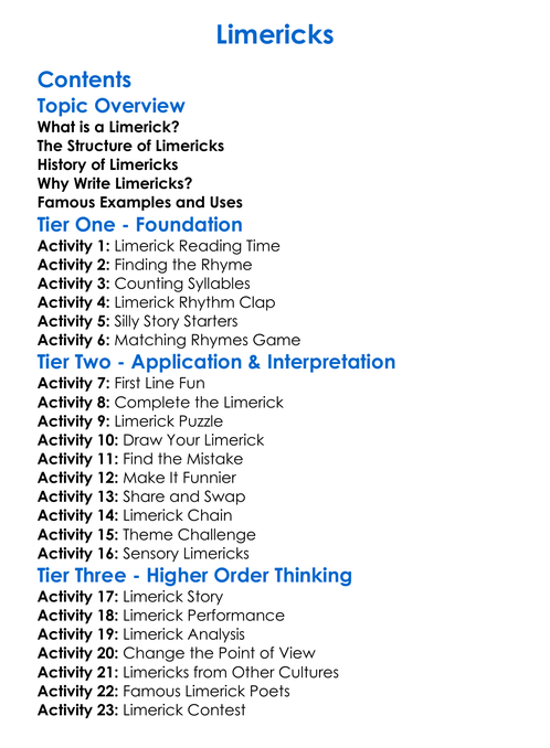 Limericks Worksheet Activity Booklet