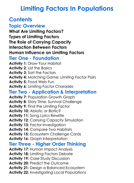 Limiting Factors In Populations Worksheet Activity Booklet