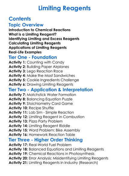Limiting Reagents Worksheet Activity Booklet