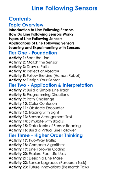 Line Following Sensors Worksheet Activity Booklet
