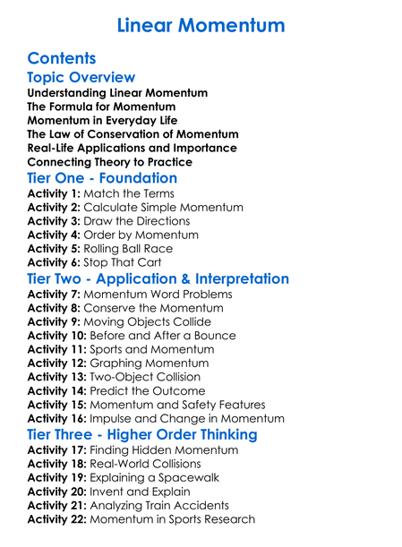 Linear Momentum Worksheet Activity Booklet