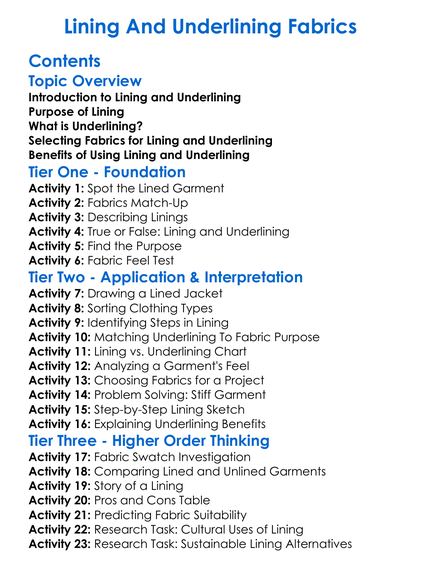 Lining And Underlining Fabrics Worksheet Activity Booklet