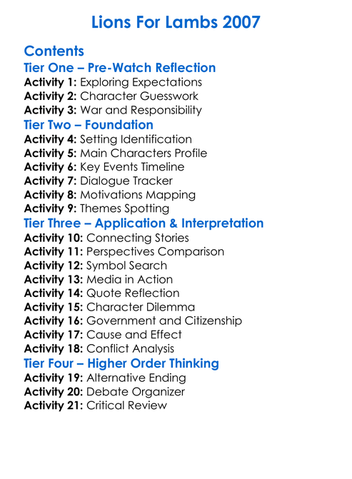 Lions For Lambs 2007 Worksheet Activity Booklet