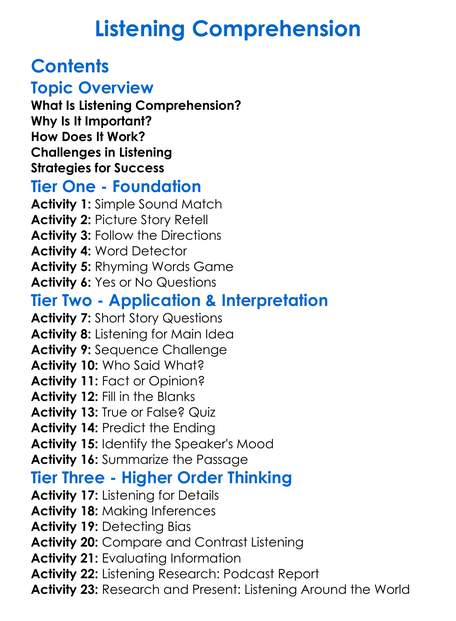Listening Comprehension Worksheet Activity Booklet