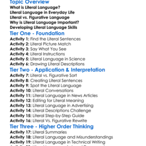 Literal Language Worksheet Activity Booklet