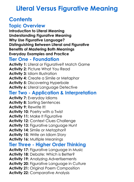 Literal Versus Figurative Meaning Worksheet Activity Booklet