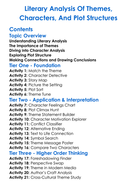 Literary Analysis Of Themes Characters And Plot Structures Worksheet Activity Booklet