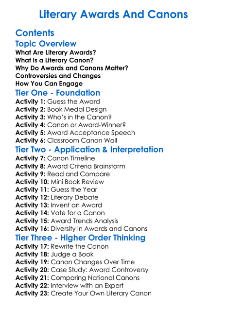 Literary Awards And Canons Worksheet Activity Booklet