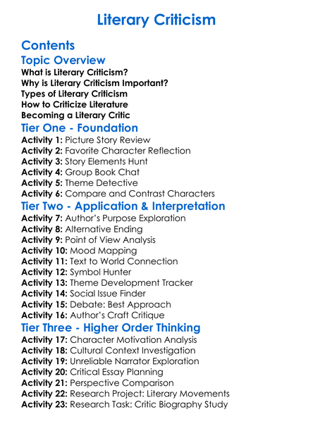Literary Criticism Worksheet Activity Booklet