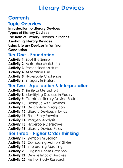 Literary Devices Worksheet Activity Booklet