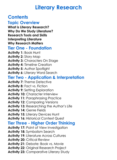 Literary Research Worksheet Activity Booklet