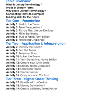 Literary Terminology Worksheet Activity Booklet