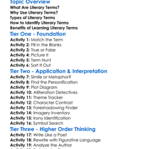 Literary Terms Glossary Worksheet Activity Booklet