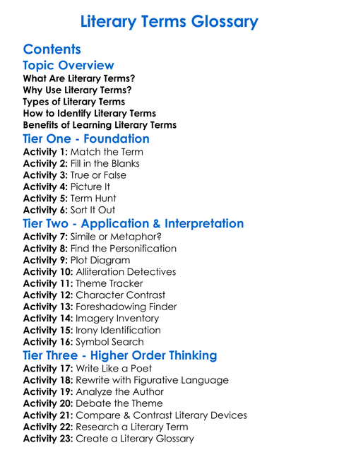 Literary Terms Glossary Worksheet Activity Booklet
