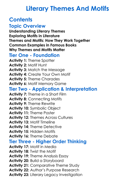 Literary Themes And Motifs Worksheet Activity Booklet