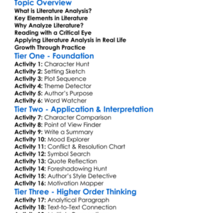 Literature Analysis Worksheet Activity Booklet