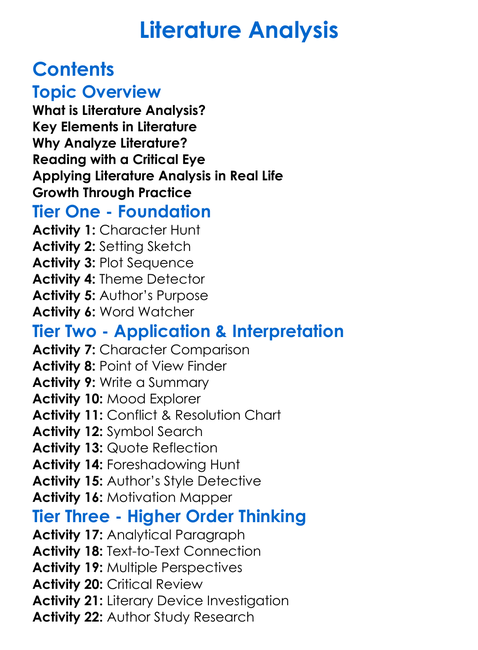Literature Analysis Worksheet Activity Booklet