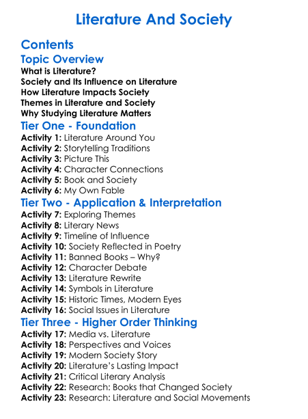Literature And Society Worksheet Activity Booklet