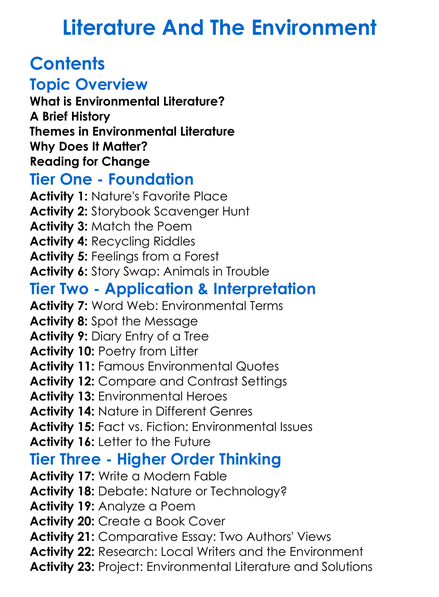 Literature And The Environment Worksheet Activity Booklet
