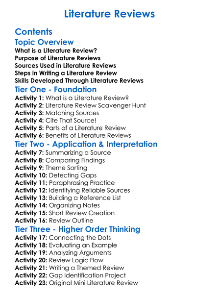 Literature Reviews Worksheet Activity Booklet