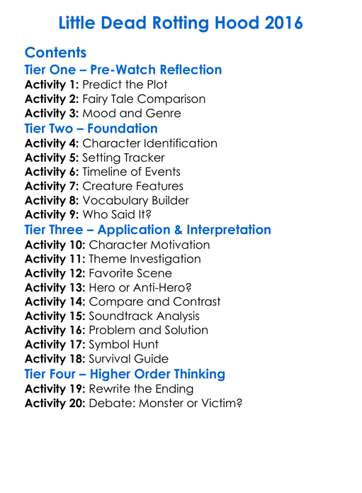 Little Dead Rotting Hood 2016 Worksheet Activity Booklet