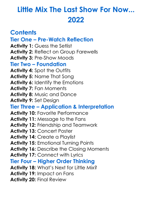 Little Mix The Last Show For Now 2022 Worksheet Activity Booklet