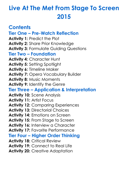 Live At The Met From Stage To Screen 2015 Worksheet Activity Booklet