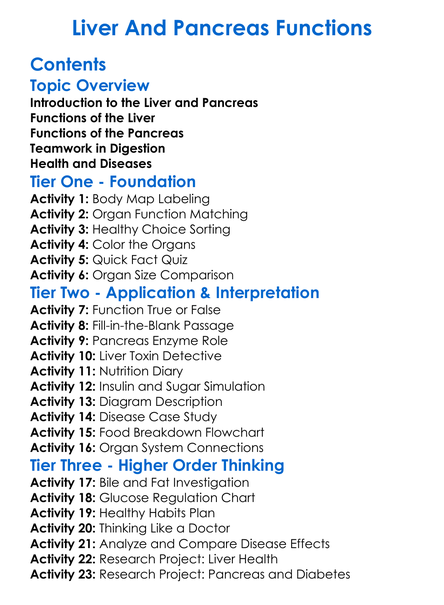 Liver And Pancreas Functions Worksheet Activity Booklet