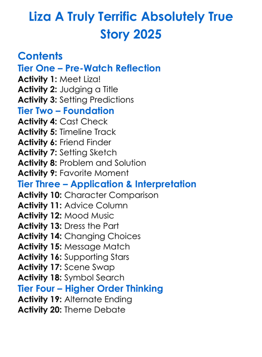 Liza A Truly Terrific Absolutely True Story 2025 Worksheet Activity Booklet