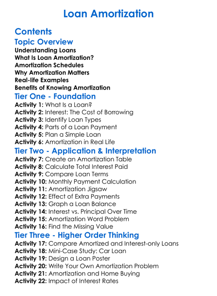 Loan Amortization Worksheet Activity Booklet