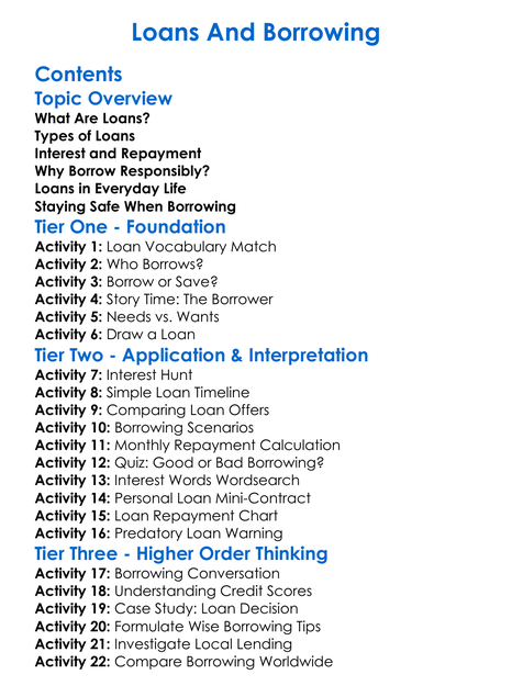Loans And Borrowing Worksheet Activity Booklet