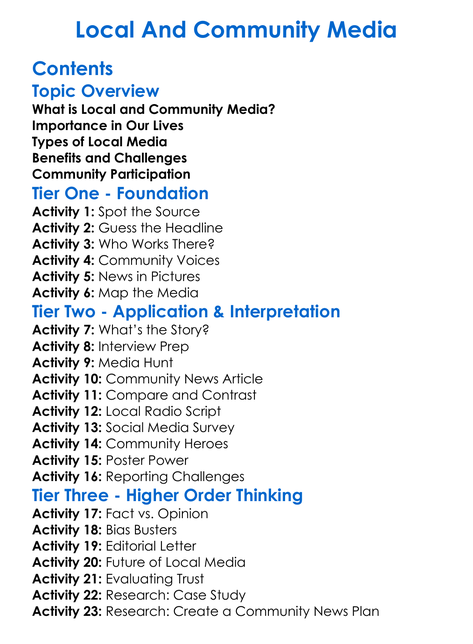 Local And Community Media Worksheet Activity Booklet