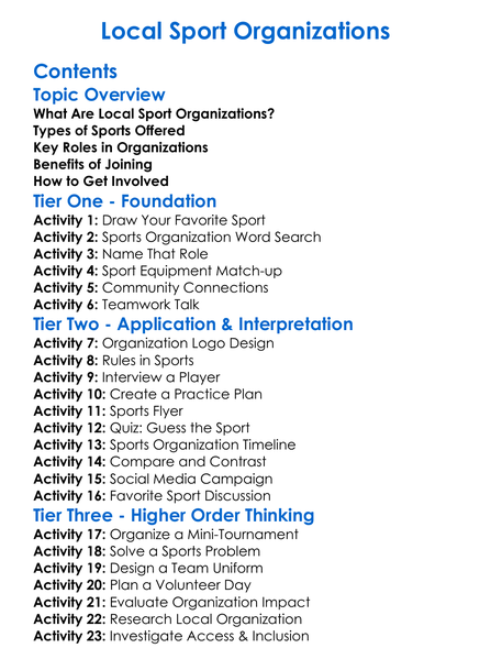Local Sport Organizations Worksheet Activity Booklet