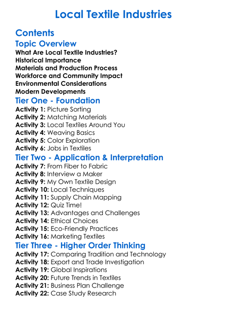 Local Textile Industries Worksheet Activity Booklet