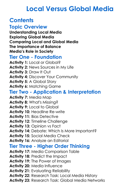 Local Versus Global Media Worksheet Activity Booklet
