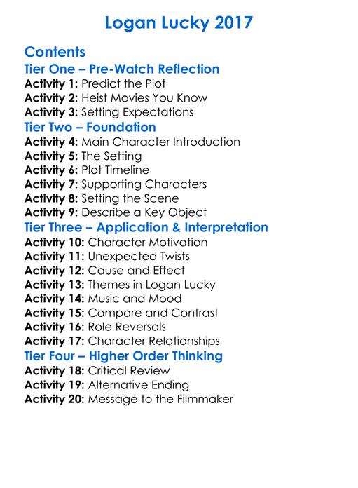 Logan Lucky 2017 Worksheet Activity Booklet