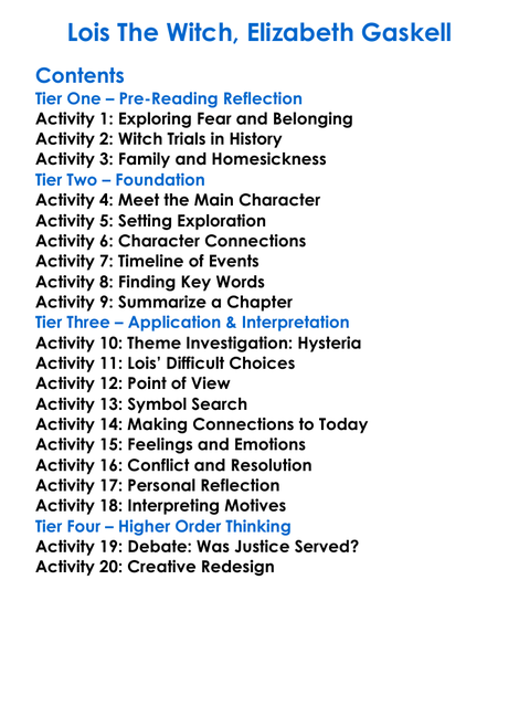 Lois The Witch Elizabeth Gaskell Worksheet Activity Booklet