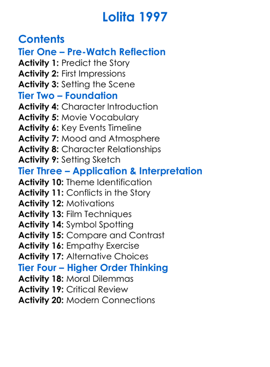 Lolita 1997 Worksheet Activity Booklet