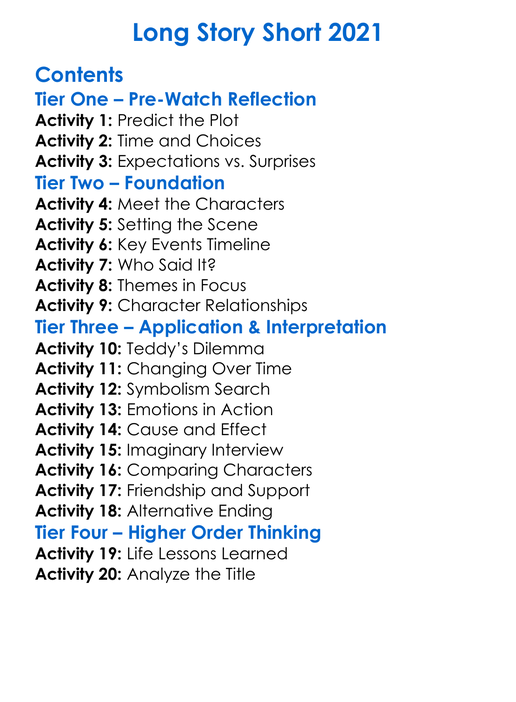 Long Story Short 2021 Worksheet Activity Booklet